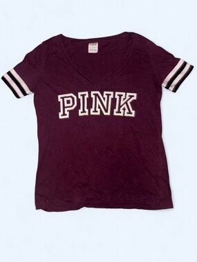 Victoria’s Secret PINK Burgundy Varsity V-Neck Tee - Size XS